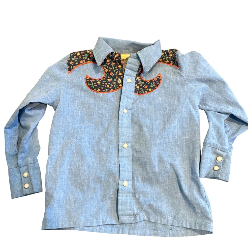 Vintage Sears Roebuck Western Shirt 1970s Snap Buttons Blue Youth M